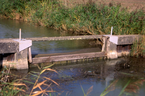 Un barrage à poutrelle dans le marais desséché de Sainte-Radégonde-des-Noyers. Marais poitevin