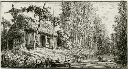 Gravure représentant une hutte dans le Marais le long de la Sèvre niortaise. Marais poitevin
