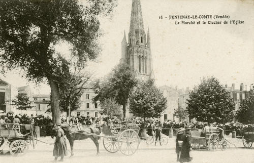 Fontenay-le-Comte - Le Marché et le clocher de l'Eglise. Marais poitevin