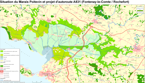 Situation du Marais poitevin et projet d'autoroute A831 (Fontenay-le-Comte / Rochefort)