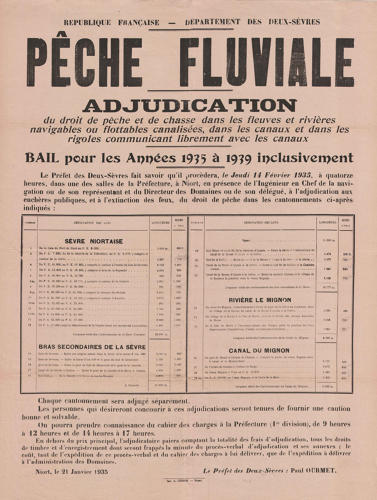 Pêche fluviale, département des Deux-Sèvres - Adjudication du droit de pêche et de chasse - 1935