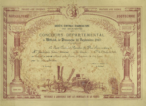 Diplôme remis par la Société centrale d'Agriculture des Deux-Sèvres- Concours départemental à Melle le dimanche 21 septembre 1913