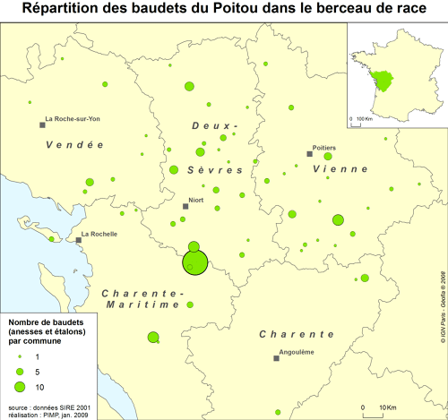 Répartition des baudets du Poitou dans le berceau de race en 2001