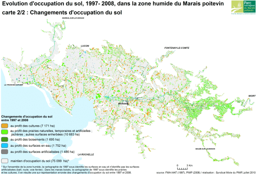 Evolution d'occupation du sol, 1997-2008, dans la zone humide du Marais poitevin - Carte 2/2: changements d'occupation du sol
