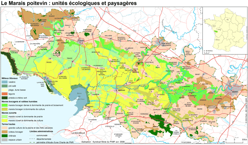 Unités écologiques et paysagères du Marais poitevin et carte de situation en France