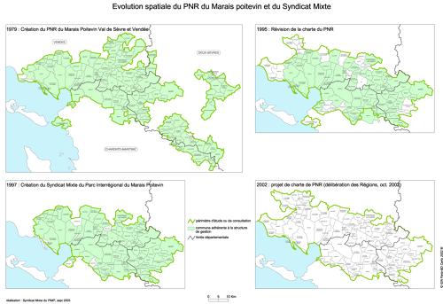 Evolution spatiale du Parc naturel régional du Marais poitevin et du syndicat mixte de 1979 à 2002
