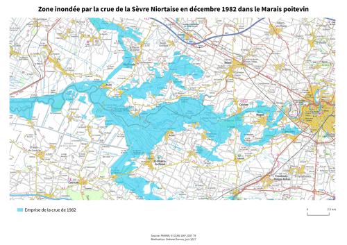 Zone inondée par la crue de la Sèvre niortaise en décembre 1982 dans le Marais poitevin