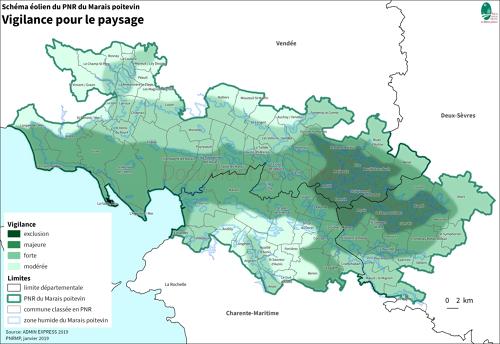 Schéma éolien du Parc naturel régional du Marais poitevin: zones de vigilances environnementales et paysagères