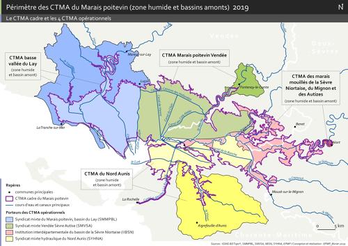 Périmètre des CTMA du Marais poitevin (zone humide et bassins amonts). Le CTMA cadre et les 4 CTMA opérationnels.