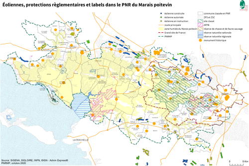 Éoliennes, protections réglementaires et labels dans le Parc naturel régional du Marais poitevin