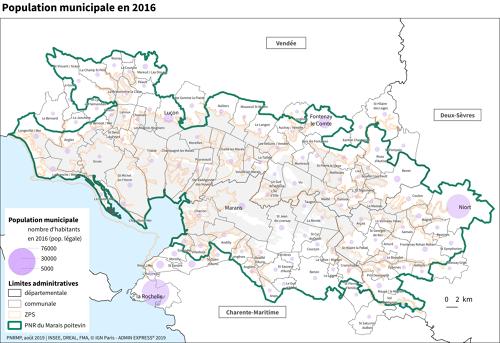 Population municipale en 2016 dans le PNR, la ZPS et la zone humide du Marais poitevin, la
