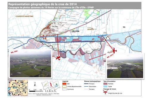 Représentation géographique de la crue de 2014. Campagne de photos aériennes du 19/20/2014 sur la commune de l'Île d'Elle