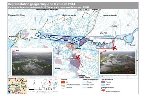 Représentation géographique de la crue de 2014. Campagne de photos aériennes du 19/20/2014 sur la commune de Marans