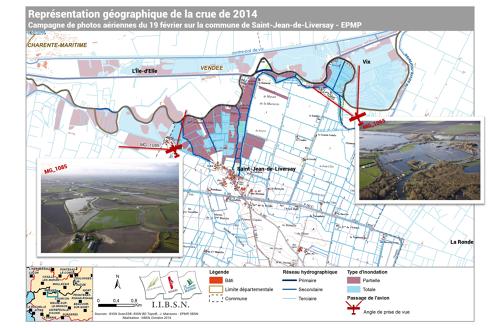 Représentation géographique de la crue de 2014. Campagne de photos aériennes du 19/20/2014 sur la commune de Saint-Jean de Liversay