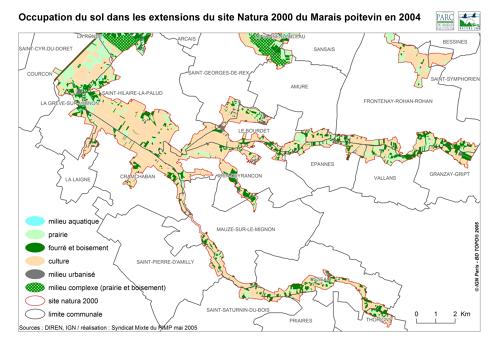 Occupation du sol dans les extensions du site Natura 2000 du Marais poitevin en 2004 - Vallées de la Guirande, de la Courance et du Mignon