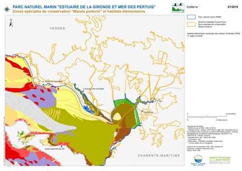Parc naturel marin "Estuaire de la Gironde et Mer des pertuis". Zones spéciales de conservation "Marais poitevin" et habitats élémentaires. Carte 1/2.