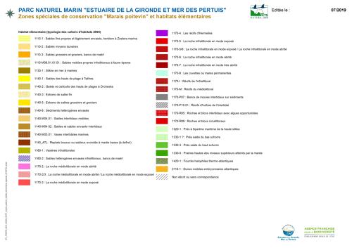 Parc naturel marin "Estuaire de la Gironde et Mer des pertuis". Zones spéciales de conservation "Marais poitevin" et habitats élémentaires. Légende 2/2.