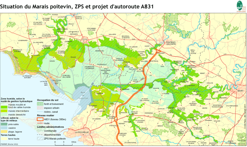 Situation du Marais poitevin, ZPS et projet d'autoroute A831