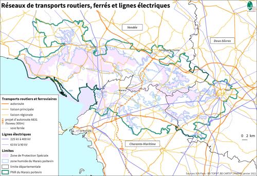 Réseaux de transports routiers, ferrés et lignes électriques dans la ZPS, la zone humide et le PNR du Marais poitevin